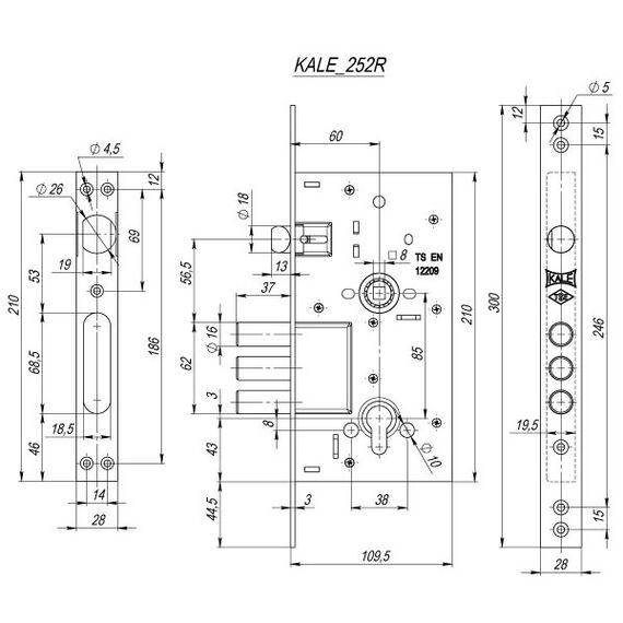 Корпус замка врезного цилиндрового 252/R w/b (никель) KALE KILIT